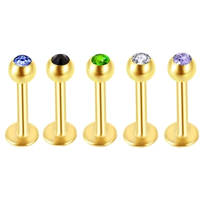 Five-piece set of gold stainless steel labret studs with multicolored gem inlay