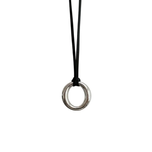 Minimalist silver mirror circle pendant necklace with black leather cord for women