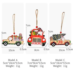 Detailed size and weight chart for wooden Christmas truck ornaments with 3 different models