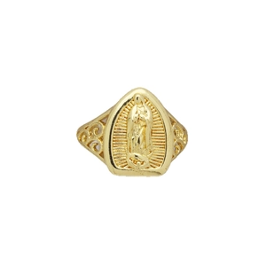 Golden Virgin Mary ring with ornate scrollwork details on a polished oval panel