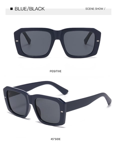 Detail view of blue and black square frame sunglasses with stylish rice nail metal accents