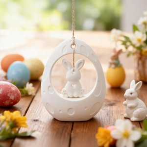 Easter hollow egg pendant with rabbit cutout and hemp rope on a rustic wooden table