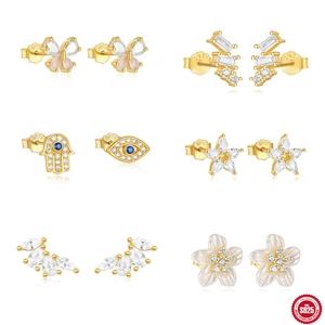 Minimalist 925 Sterling Silver Gold Plated Zirconia Butterfly Evil Eye Hamsa Hand Geometric Stud Earrings For Women Jewelry