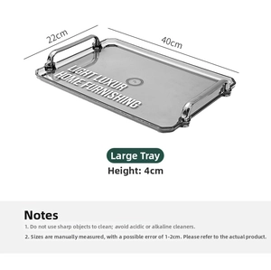 Detail showing 40x22cm grey rectangle acrylic tray with silver handles and dimensions