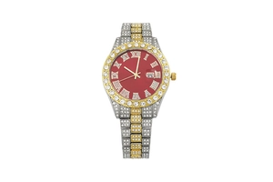 Detail of red dial quartz watch with roman numerals, calendar window and crystal accents
