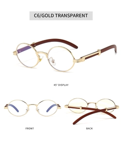 Three-view layout of retro oval sunglasses with wood grain temples and gold metal frame