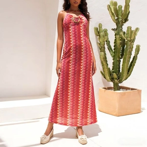 Pink and red striped halter neck maxi dress with ring detail for beach vacation