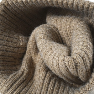 Thick ribbed knit beanie in camel brown with soft fuzzy texture for autumn and winter