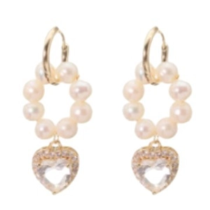 Elegant gold heart earrings with natural pearls and crystal pendants on white background