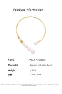 Detailed specs of the gold-plated copper pearl collar necklace showing size and 32.9g weight