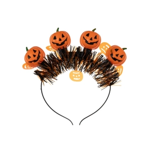 Halloween headband with four glowing orange pumpkins and festive tinsel on black base
