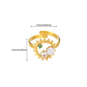 Detailed dimensions of 18K gold plated ring with pearl and sun motif, 17mm diameter
