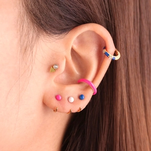 Micro-set zircon hoop earrings with colorful enamel accents in bamboo-style S925 silver