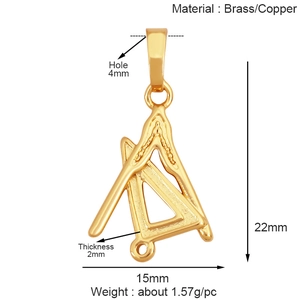 Dimensions détaillées d'un pendentif compas et équerre en laiton doré pour bijoux