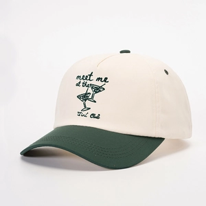 Two-tone cotton baseball cap with meet me at the Tini Club embroidery and cocktail logo