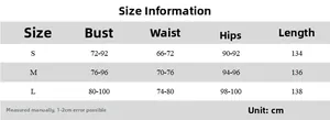 Size information chart for the backless tube dress with detailed bust and waist measurements