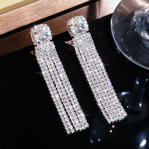 Long Tassel Earrings Rhinestone Zircon Copper Jewelry With Stainless Steel Earring Post Shimmering Luxury Evening Wedding For Women