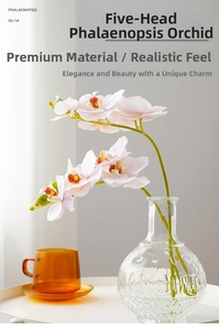 Detailed view of white artificial 5-head orchid in a textured glass vase for home decor