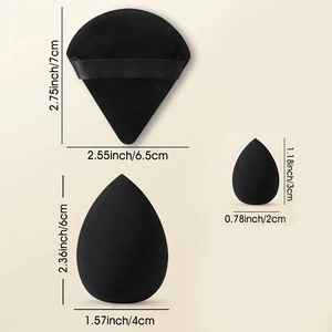 Black makeup sponge set with dimensions of triangle puff and egg-shaped blenders