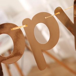 Close-up of golden metallic letters PPY on birthday banner with reflective surface