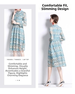 Detail of light blue lace embroidery dress showing slim fit waist and long sleeves