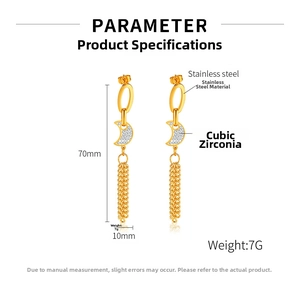 Detail specifications of long moon tassel earrings with 70mm length and 7g weight