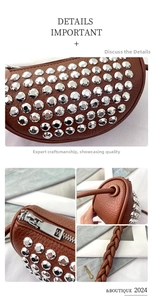 Detail showing silver rivets on brown leather bag with woven shoulder strap and zipper