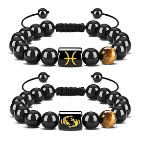 Pisces zodiac bracelets with tiger eye stones and black obsidian beads on white background