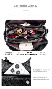 Detail of black pebbled leather tote showing multi-compartment interior and storage capacity