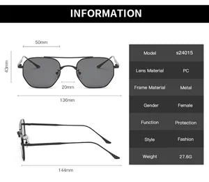 Detailed size chart for retro double-bridge sunglasses with metal frame and PC lenses