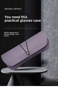 Detail of purple soft PU leather sunglasses case with golden bead button and elastic closure