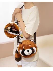 Detail of plush raccoon crossbody bag showing a zipper and storage for small items
