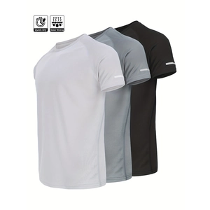 Set of three quick-dry sports t-shirts in white, grey, and black colors for fitness