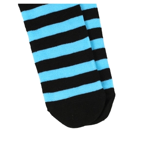 Close-up of blue and black striped knee-high socks showing fine knit texture and toe detail