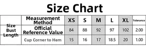 Detailed size chart for printed halter bikini top including bust and length measurements