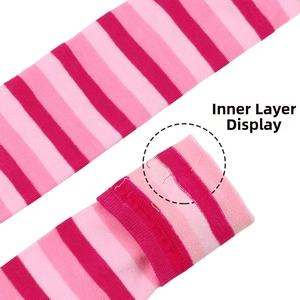 Detailed view of the inner layer of pink striped knit calf socks showing fabric texture
