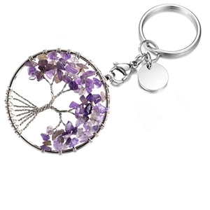 Tree Of Life Keychain Natural Crystal Gravel Wire Wrapped Chakra Yoga Heart Round Pendant Alloy Hanging Ornament