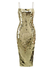 Close-up of sparkling gold sequins and slim-fit texture on the sequined party dress
