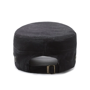 Classic black washed cotton cadet cap with adjustable metal buckle and vintage style