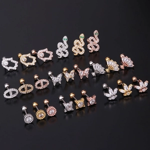20G stainless steel zircon cartilage studs in snake, butterfly, and hamsa designs