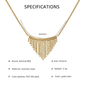 Bohemian fan-shaped tassel necklace in 18k gold plated stainless steel on white background