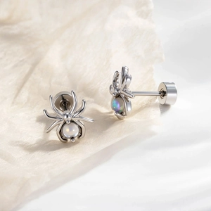 Silver spider cartilge earrings with round rainbow opal and screw back closure