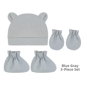 Ensemble 3 pièces nouveau-né gris-bleu avec bonnet à oreilles d'ours, moufles et chaussettes