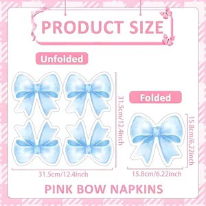Detailed size chart of pink bow napkins with folded and unfolded dimensions measurements
