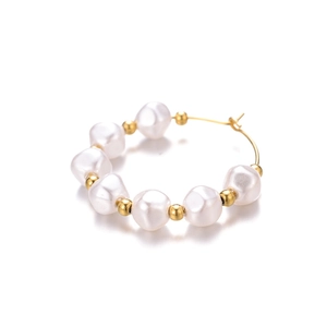 Elegant titanium steel hoop earrings with white baroque pearls and gold metal beads on white