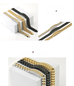 Detail of solid stainless steel watch strap bracelets in gold, silver-gold and black