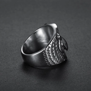 Vintage stainless steel owl ring with intricate feather embossing for men and women