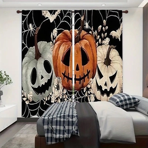 Detail of Halloween curtains featuring Jack-o'-lanterns, spider webs and bats design