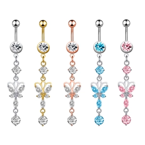 Detailed row of zircon butterfly navel rings in silver gold and rose gold finishes