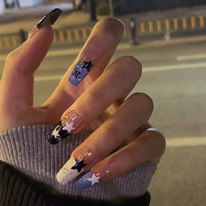 French Coffin Press On Nails Black White Purple Star Pattern Rhinestone Glitter Fake Nail Art For Women